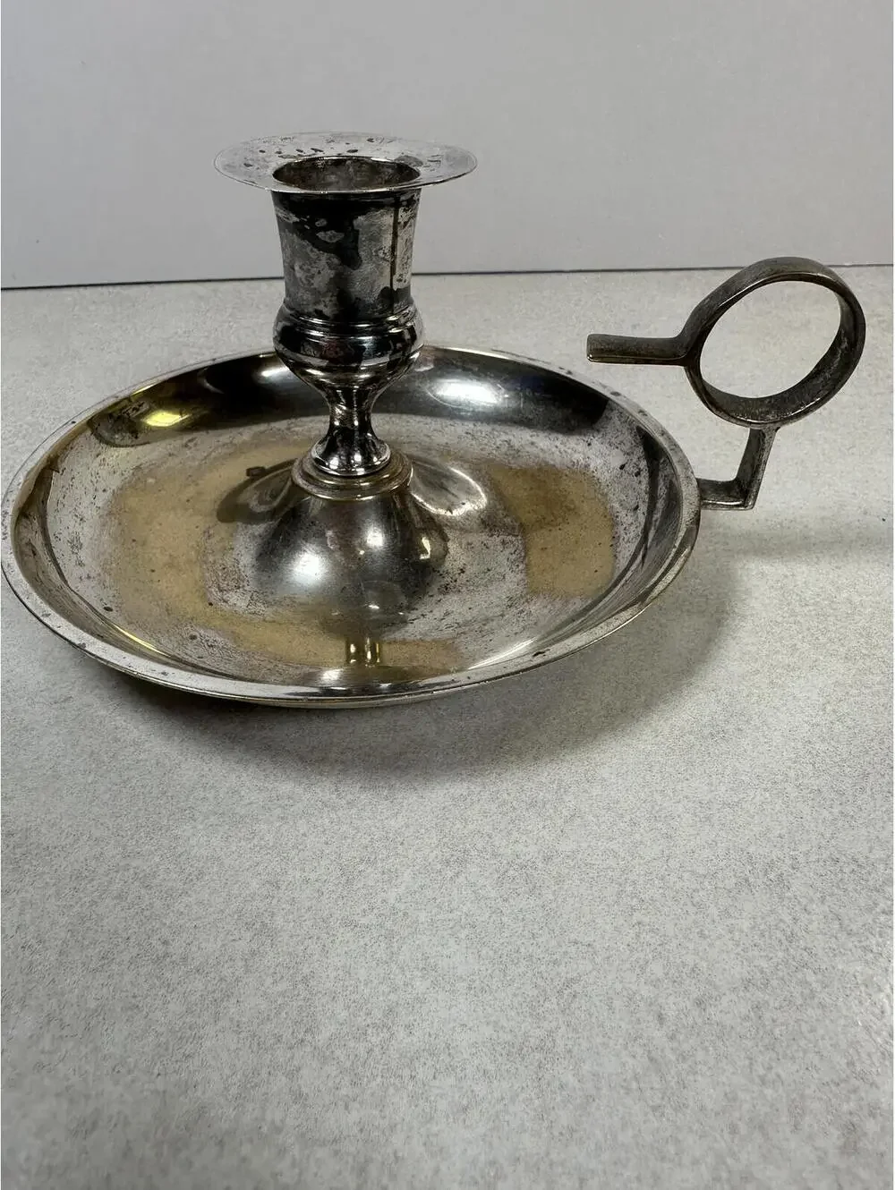 Antique Silver Chamberstick Candle Holder 1800s Finger Loop Colonial Style